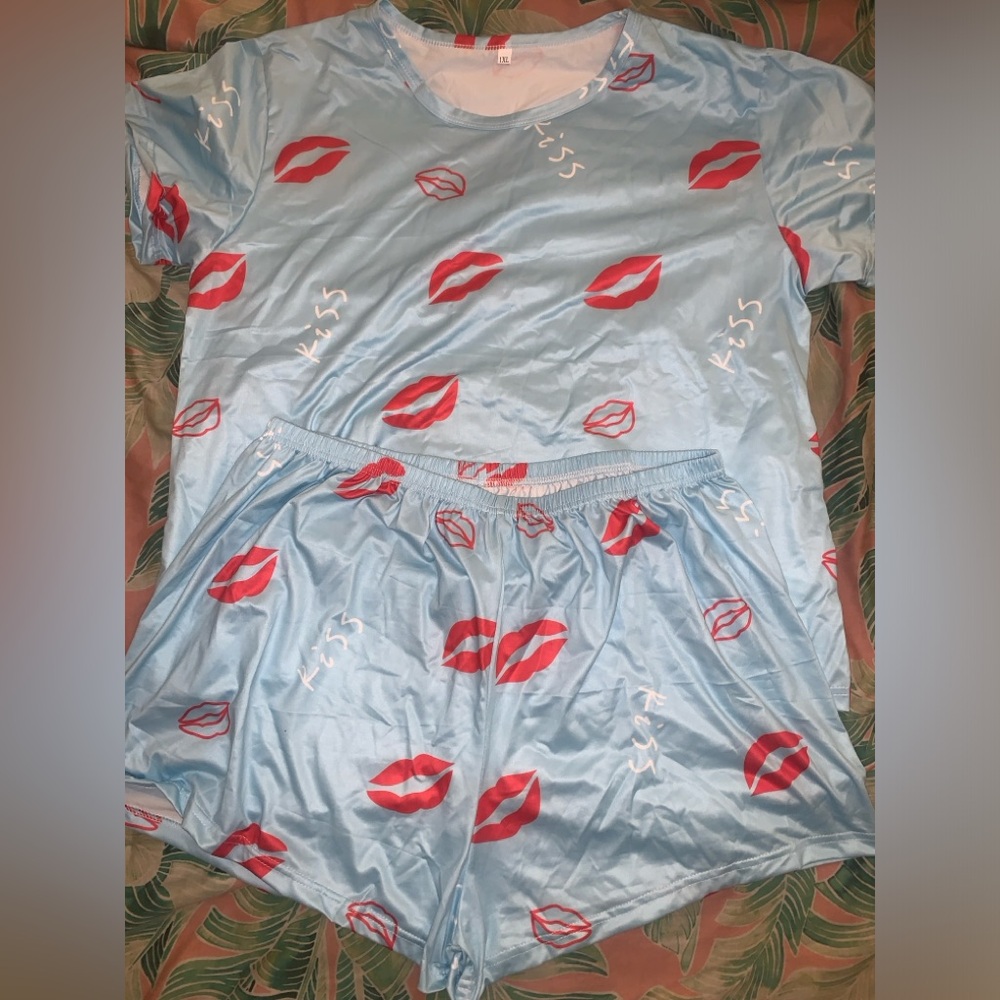Blue Pajama Set with Red Lip Print